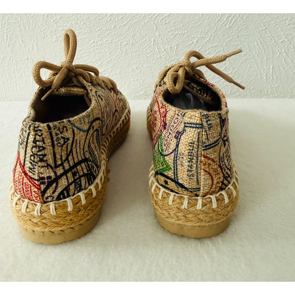 Riviera Corazon Lace Up  Platform Passport Stamp Pattern Espadrille, NWOT - Picture 3 of 8
